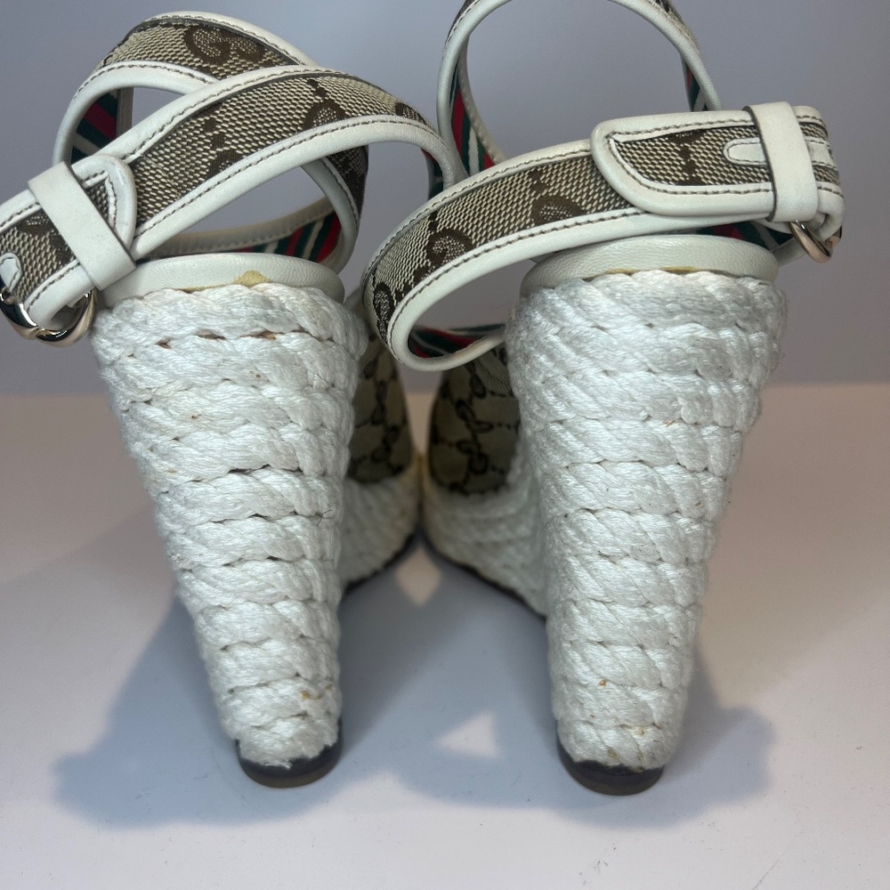 Gucci Beige/White GG Canvas Ankle Strap Wedge Sandals - Picture 5 of 12